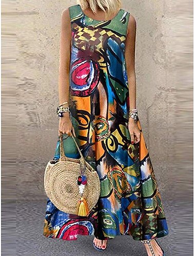  Damen Normal Maxidress Baumwoll-Leinenkleid Boho-Kleid Elegant Vintage Strand Regular Fit Graphic Ärmellos Rundhalsausschnitt Rote Grün Sommer