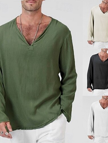 Hombre camisa de lino Camiseta Tee Camisa de manga larga Manga Larga Escote en Pico Verano Primavera & Otoño A Rayas Vintage Moda Escote en V Trabajo Oficina / Carrera Casual Negro Blanco Verde