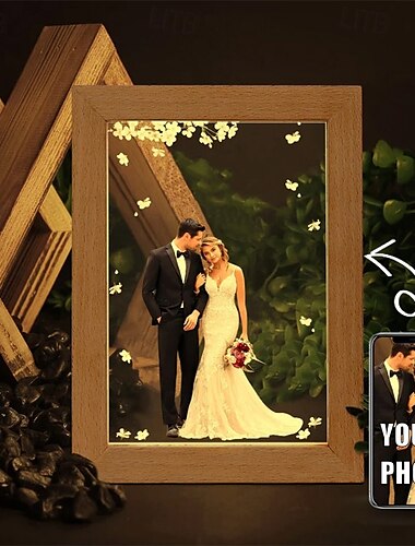  Lámpara de marco de fotos de boda personalizada, marco de fotos iluminado, decoración personalizada, foto de novios para San Valentín, recuerdo de boda, regalo de aniversario de boda, letrero de boda