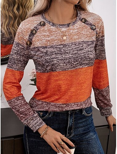  Damen T Shirt Gestreift Modisch Modern Brautkleider schlicht Langarm Rundhalsausschnitt Normale Oberteile Täglich Wochenende Patchwork Knopf Bedruckt Gelb Rote Königsblau Herbst Winter