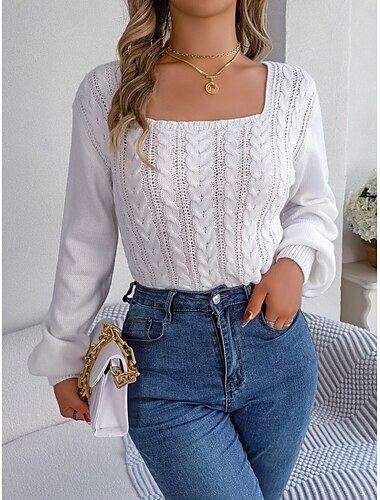  Damen Pullover Brautkleider schlicht Weich Einfarbig Gedrehtes Quadratischer Ausschnitt Strick Langarm Normale Oberteile Stricken Outdoor Täglich Wochenende Weiß Wein Herbst Winter