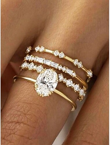  Stapelringe aus Gold mit ovalen und runden Zirkonia, eleganter minimalistischer Schmuck für Frauen, perfekt für Hochzeiten, Verlobungen und besondere Anlässe