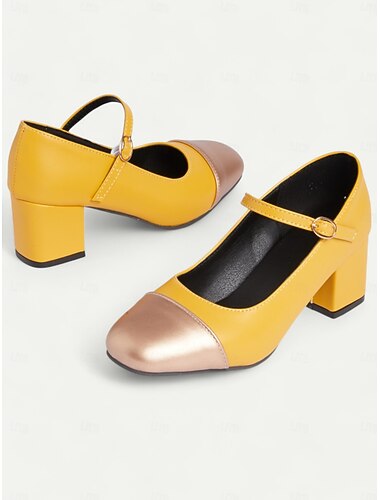  escarpins Mary Jane jaunes pour femmes avec embout métallique et talons compensés, chaussures confortables de style rétro pour le bureau, les fêtes et les tenues décontractées