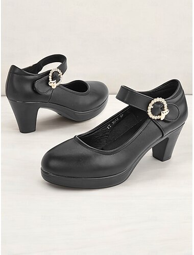  Schwarze Mary-Jane-Pumps für Damen mit Strassschnalle und klobigem Absatz, bequeme Schuhe im klassischen Stil fürs Büro, Partys und den Alltag