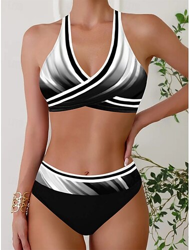  Damen Badeanzug Bikinis 2 Stück Unterhosen Bademode Rückenfrei Schlank Urlaub Strandbekleidung Farbverlauf Halfterhals Ärmellos Badeanzüge