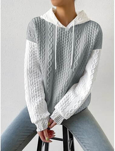  Damen Pullover mit Kapuze Sweatshirt Farbblock Brautkleider schlicht Langarm Mit Kapuze Normale Oberteile Strasse Alltagskleidung Patchwork Schwarz Grau Frühling Herbst