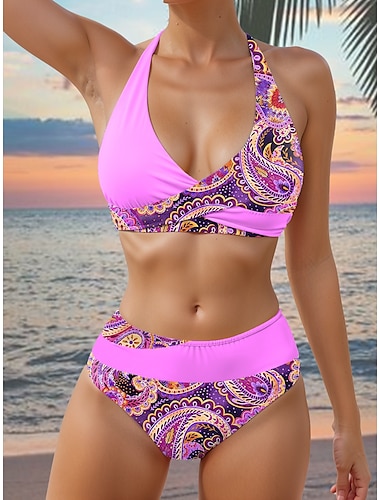  Maillots de bain pour femmes Bikini 2 pièces Maillot de bain Cheeky Dos nu Vacances Plage Vêtements Paisley Halter Neck Sans manches Costumes de bain