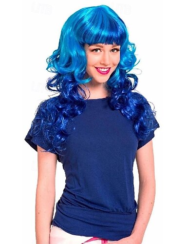  lange neonblaue Lockenperücke mit Pony für Karneval