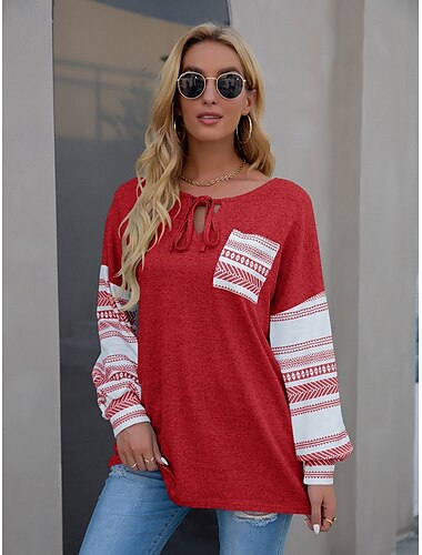  Damen Sweatshirt Casual Uni gestreift Street Alltag Rundhals Patchwork Print Langarm Rot Grün Grau Herbst Winter