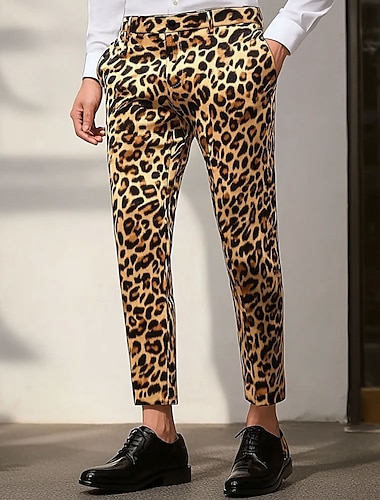  Herr Leopardtryck Kostymbyxor Långbyxor Medium Midja Ledigt Vintage retro Utomhus Semester Streetwear Med fickor Slimmad passform Platt-Front Sommar Vår Höst 3D-tryck Gul