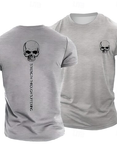  Mens Short Sleeve Black T-Shirt with Skull Graphic & 'Strength Through Suffering' Motivational Quote for Gym Workout Lifestyle