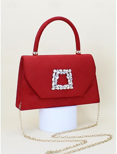  Elegante bolso de mano de noche rojo para mujer con hebilla de diamantes de imitación, acabado de gamuza, asa superior y correa de cadena, perfecto para bodas, fiestas y eventos formales almendra negro rosa