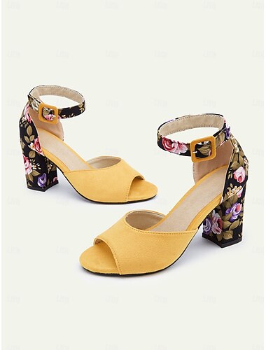  Sandalias de tacón de bloque de ante amarillo para mujer con tira en el tobillo con estampado floral, zapatos elegantes de punta abierta para fiestas de verano y ropa informal