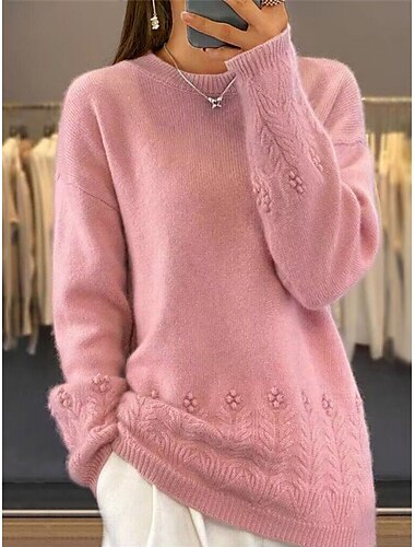  女性用 ニット カジュアル ソフト ピュアカラー リブ クルーネック ニット 長袖 レギュラートップス ニット アウトドア 日常 週末 ピンク キャメル 秋 冬