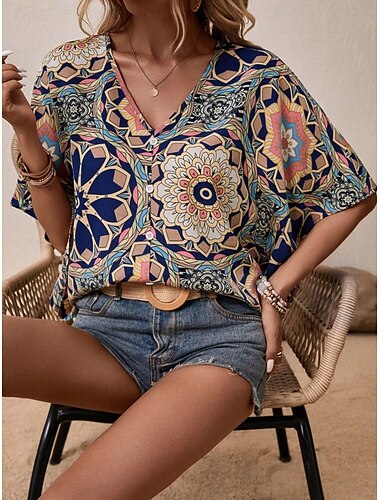  Women's Shirt Blouse Floral Bohemia Vintage Casual 3/4 Length Sleeve V Neck Regular Tops Daily Buttons Print Navy Blue Brown Summer Fall