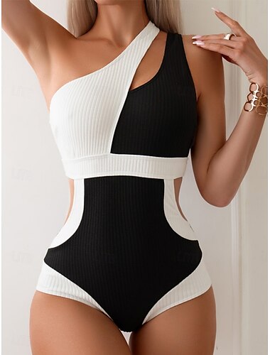  Femme Maillots de Bain Une pièce Monokini Maillot de bain Dos Nu Contrôle du Ventre Taille haute Mince Vacances Tenues de plage Couleur unie Col asymétrique Sans Manches Maillots de bain