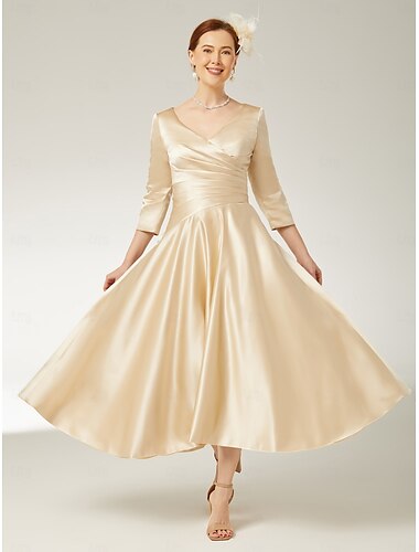  a-lijn moeder van de bruid jurk elegante vintage plus size v hals vloer lengte satijn 3/4 lengte mouw met plooien 2025
