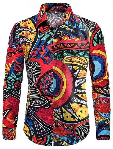 Per uomo Floreale Vintage ▾ Colorato Camicia Camicia hawaiana Camicia Aloha Manica lunga Camicia Collo ripiegabile Vintage Originale Stile etnico Da mare Feste Per uscire Nero Vino Rosso S M L