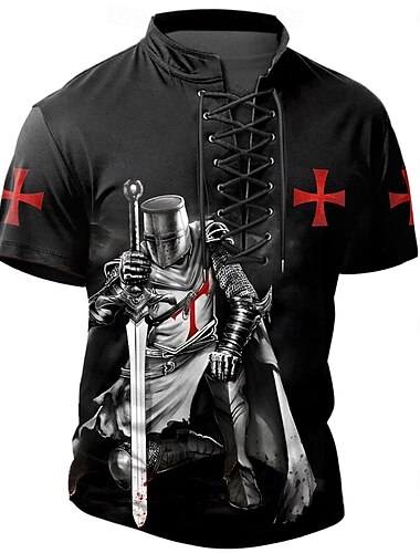  男性用 テンプル騎士団 ヘンリーシャツ Tシャツティー 半袖 Tシャツ 3Dプリント レースアップネック ヘンリー シャツ カジュアル スポーツ・アウトドア カジュアル 日常 ブラック 春夏 衣類 S M L XL XXL XXXL