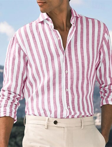  Herren Hemd leinenhemd Sommerhemd Strandbekleidung Knopfhemd Gestreift Party Strasse Schwarz Rosa Rote Blau Langarm Kragen Sommer Bekleidung