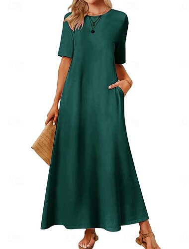  Mulheres Vestido Longo Vestido casual Vestido A Line à moda Básico Casual Férias Diário Normal Tecido Manga Curta Gola Redonda Rosa Azul Verde Escuro Verão Primavera
