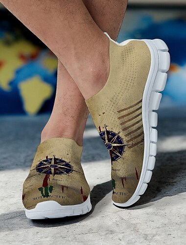  Khakifarbene Flyknit-Sneaker mit Kompass-Print für Herren – leichte, atmungsaktive Laufschuhe für Reisen, Wandern und die Freizeit