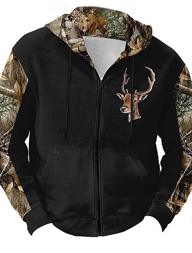 Herren camuflaje Hirsch Hoodies Hoodie Sweatshirt Kapuze Sweatshirt mit Kapuze Mit Kapuze Modisch 3D-Druck Urlaub Jagd Schwarz Braun Zip Kordelzug Herbst Winter Designer