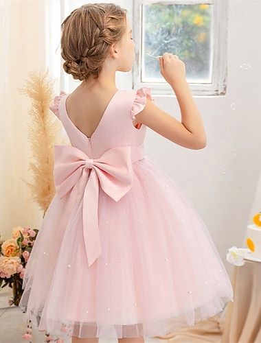  Blumenmädchenkleid Kinder Mädchen Prinzessinenkleid Leistung Hochzeit Party Elegant Schön Gitter Feste Farbe Ärmellos Rundhalsausschnitt Hellrosa Grau 4 Jahre +