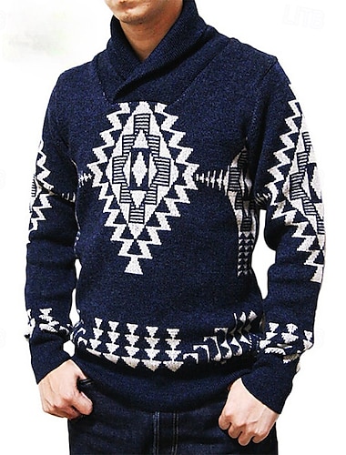  Herren Jacquard-Pullover Pullover Strickpullover Gerippt Stricken Normale Oberteile Strick Bogengimpe Kargen Modisch Basic Urlaub Freizeitskleidung Bekleidung Herbst Winter Blau S M L