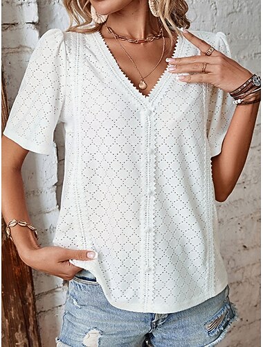  Per donna maglietta Liscio Di tendenza Moderno Informale Manica corta A V Top regolari Giornaliero Fine settimana Occhiello Bianco Rosa Estate Primavera