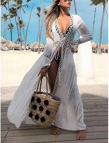  Damen Badeanzug Zudecken Schwimm-Kleid Bademode Spitze Patchwork Urlaub Strandbekleidung Feste Farbe Langarm Badeanzüge