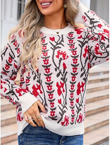  Damen Pullover Brautkleider schlicht Weich Blumen Gerippt Rundhalsausschnitt Strick Langarm Normale Oberteile Stricken Outdoor Täglich Wochenende Schwarz Rote Herbst Winter