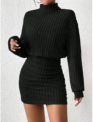  Damen Midikleid schwarzes kleid Cocktailkleid Bodycon Abendkleid Elegant Lässig Party Formell Date Normale Passform Einfarbig Langarm Rollkragen Schwarz Grau Frühling Herbst Winter