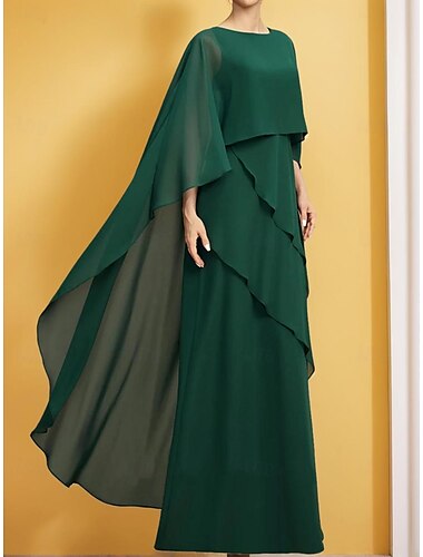  Vestido A-Line Mãe Da Noiva Elegante Vintage Simples Decote Redondo Comprimento Chão Chiffon Manga Curta Com Rendas