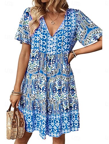  Női Mini ruha hétköznapi ruha Boho elegáns ruhák Boho ruha Csehország aranyos stílus Etno Vakáció Napi Tengerpart Laza öltözet Virágos Grafika Rövid ujjú V-alakú Medence Narancssárga Nyár Tavasz