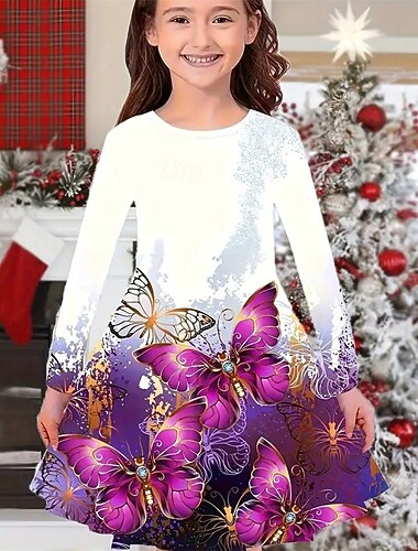  Tyttöjen 3D Kuvitettu Perhonen Mekko Pitkähihainen Kesä Kevät Loma Päivittäin Pyhäpäivä Prinsessa Kaunis Makea Lapset 4-12 vuotta Rento mekko A linjainen mekko Polvipituinen Normaali
