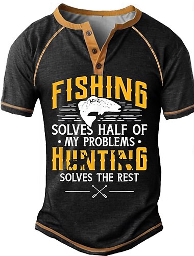  男性用 グラフィック フィッシング ハンティング ヘンリーシャツ Tシャツ 半袖 ファッション デザイナー アウトドア カジュアル 日常 夏 ブラック アーミーグリーン ネイビーブルー ヘンリー ヘンリーTシャツ