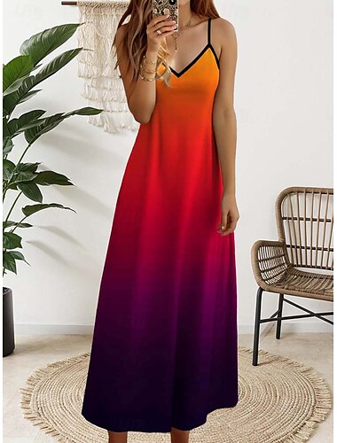  Dames Maxi-jurk Zomerjurk A-lijn Jurk Bloem Jurk Vloeiende Vakantie Casual Dagelijks Regulair Fit Ombre Mouwloos V-hals Rood Zomer Lente