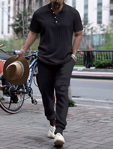  Herren 2 Stück Hemden-Set Passende Sets Lässiges Hemd Knopfhemd Schwarz Weiß Königliches Blau Blau Kaki Kurzarm Glatt Stehkragen Urlaub Strasse Bekleidung Modisch Brautkleider schlicht