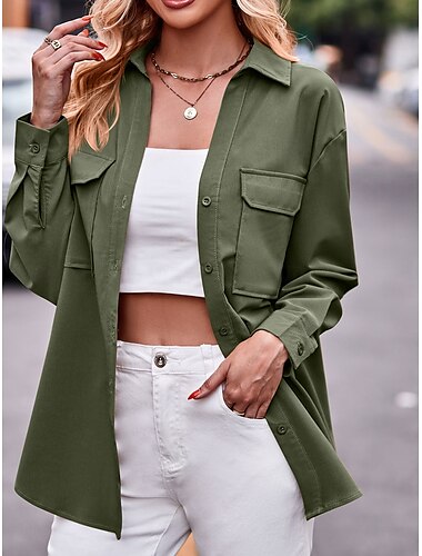  Damen Hemd Feste Farbe Stilvoll Brautkleider schlicht Langarm Hemdkragen Normale Oberteile Party Arbeit Täglich Tasche Armeegrün Rote Kamel Frühling Herbst Winter