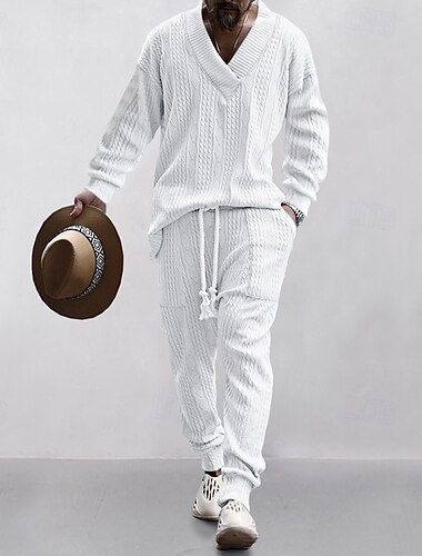  Hombre Trajes de camiseta Chándal Camisetas y pantalones largos con cordón Manga Larga Escote en Pico Primavera & Otoño Plano Ropa de Gimnasia Casual 2 Piezas Tejido en Punto Vacaciones Ropa