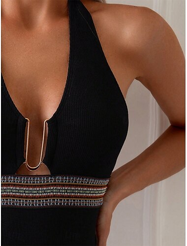  Damen Badeanzug Ein Stück Monokini Bademode Rückenfrei Patchwork Bauchkontrolle Hohe Taillenlinie Schlank Urlaub Strandbekleidung Feste Farbe Halfterhals Ärmellos Badeanzüge