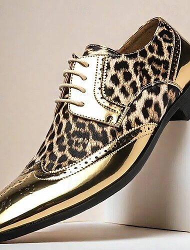  Heren Oxford schoenen met gouden luipaardprint – opvallend lakleren design met brogue-details voor feesten en optredens op het podium
