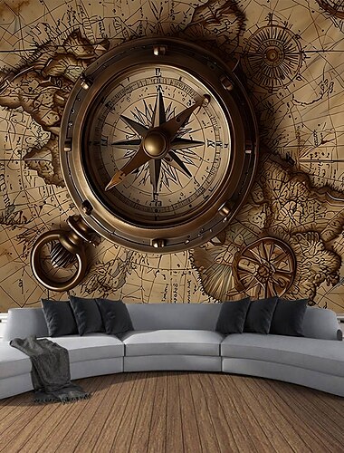  Wandteppich zum Aufhängen, Vintage-Stil, nautischer Kompass, Karte, Wandkunst, großer Wandteppich, Wanddeko, Fotohintergrund, Decke, Vorhang, Zuhause, Schlafzimmer, Wohnzimmer, Dekoration