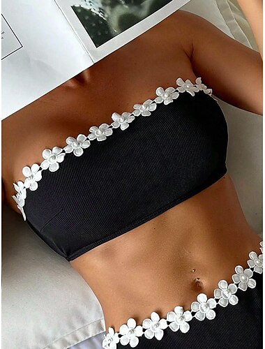  Damen Badeanzug Bikinis 2 Stück Cheeky-Bikinihose Bademode Rückenfrei Schlank Urlaub Strandbekleidung Feste Farbe Trägerlos Ärmellos Badeanzüge