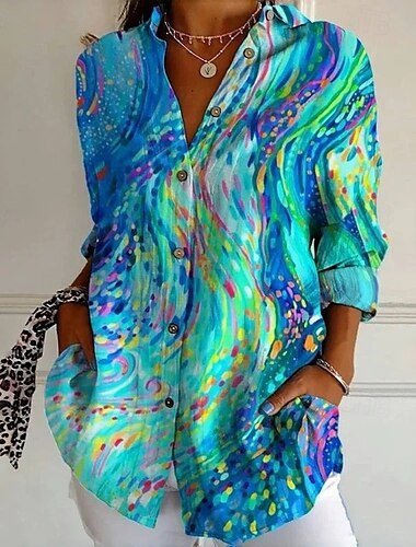  Chemises hawaïennes pour femmes Hauts fluides Vintage graphiques géométriques Hauts longs à manches longues Chemise avec col Patchwork Boutons Imprimé Coupe ajustée Vacances Travail Quotidien