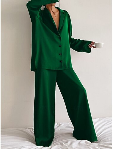  Dam Pyjamas set Ledigt Komfort Ren färg Knappen uppåt Elastisk midja Skjorta Byxa Hem Dagligen Långärmad Tröjkrage Svart Grön Sommar Vår Höst Normal