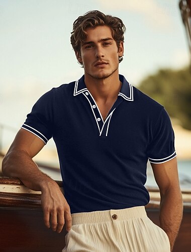  Homens Camisa de golfe Polos Piquê Trabalho O negócio gola pólo com nervuras Clássico Manga Curta Básico Moderno Côr Sólida Botões Estriado Primavera Verão Normal Preto Vinho Azul Marinha Azul Royal