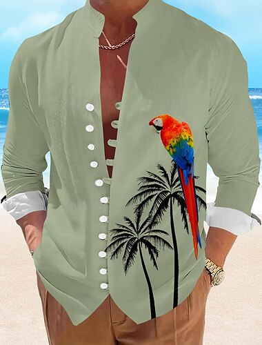  Herren Papagei Hawaiihemd Sommerhemd Aloha-Shirt Langarm Hawaiianisch Resort Urlaub Sommer Frühling V Ausschnitt Knopf hoch Weiß Blau Grün Beige