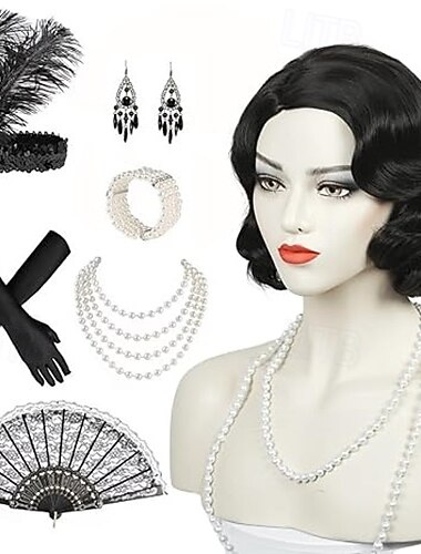  1920s Flapper Accessories Gatsby Costume Accessories Set for Women 20s Headpiece Pearl Necklace Gloves Holder